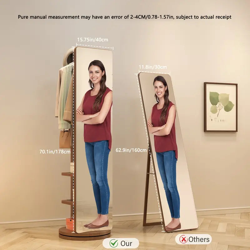 Rotating Floor Mirror with Solid Wood Frame & Coat Rack 🪞✨