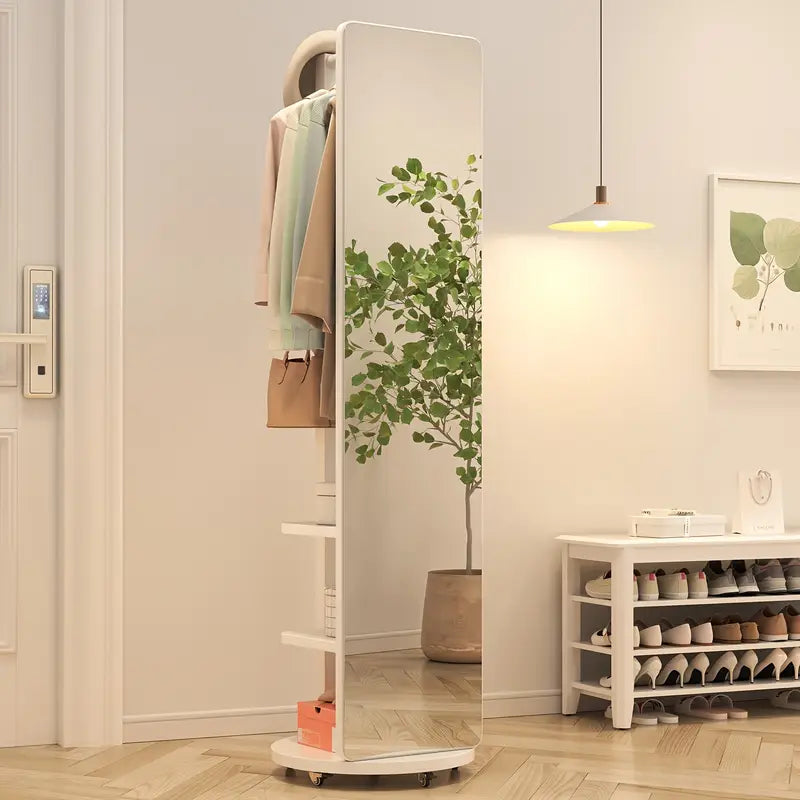 Rotating Floor Mirror with Solid Wood Frame & Coat Rack 🪞✨
