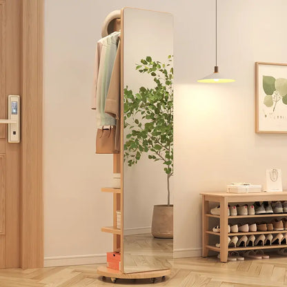Rotating Floor Mirror with Solid Wood Frame & Coat Rack 🪞✨