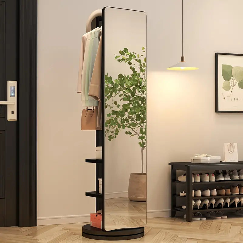 Rotating Floor Mirror with Solid Wood Frame & Coat Rack 🪞✨