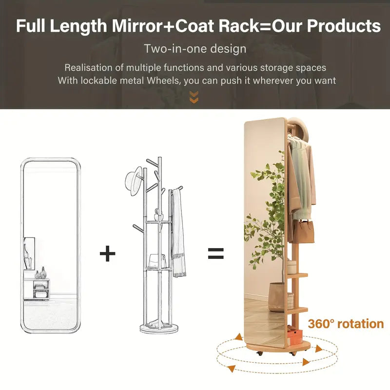 Rotating Floor Mirror with Solid Wood Frame & Coat Rack 🪞✨
