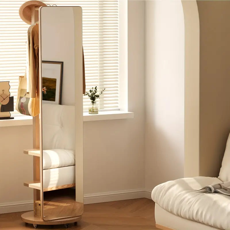Rotating Floor Mirror with Solid Wood Frame & Coat Rack 🪞✨