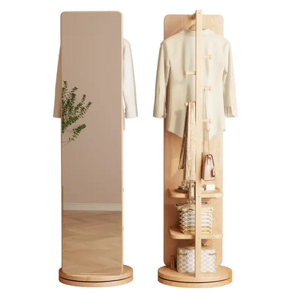 Rotating Floor Mirror with Solid Wood Frame & Coat Rack 🪞✨