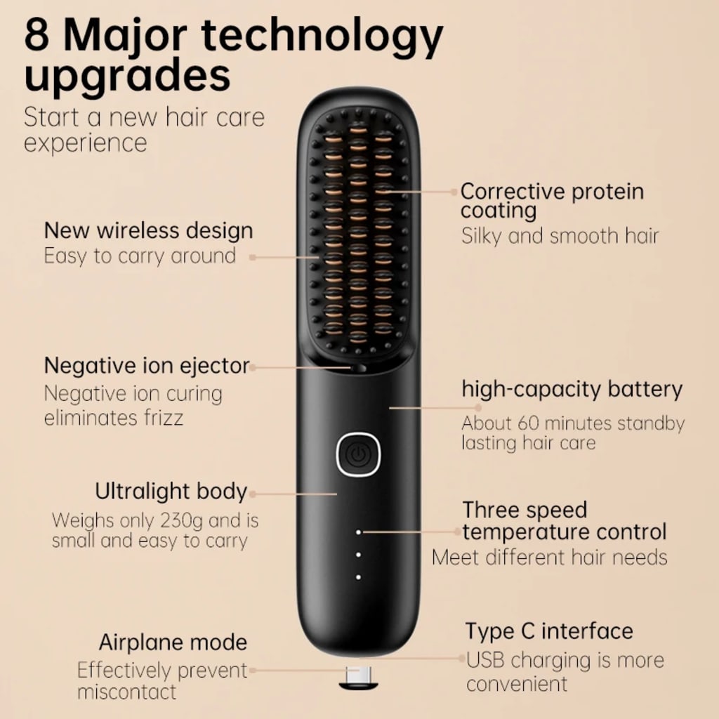 Cordless Hair Straightener Brush 450°F Adjustable Temp 30s Fast Heating 10000mAh Travel Wireless Straightening Comb Adult Kids